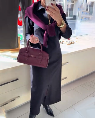 Kleid Revers Schlitz Reißverschluss Langarm
