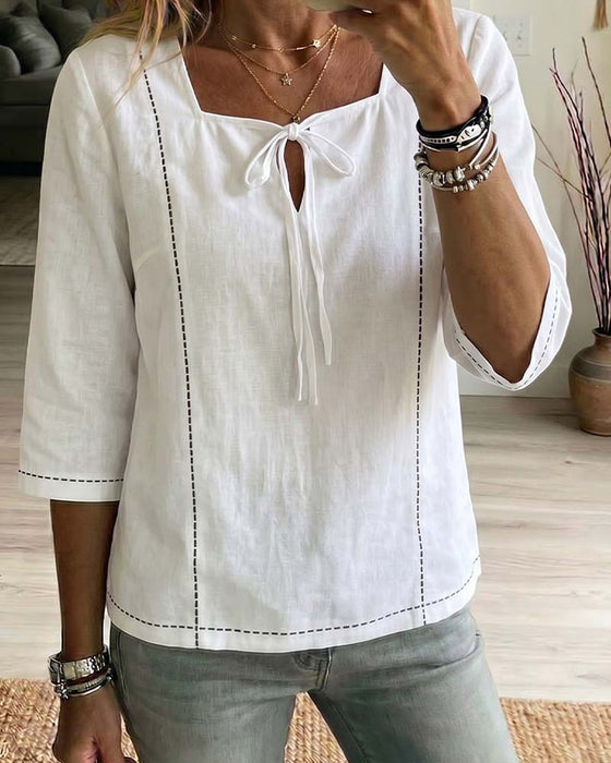 Bluse Quadratischer Ausschnitt Bindung Hollow Out