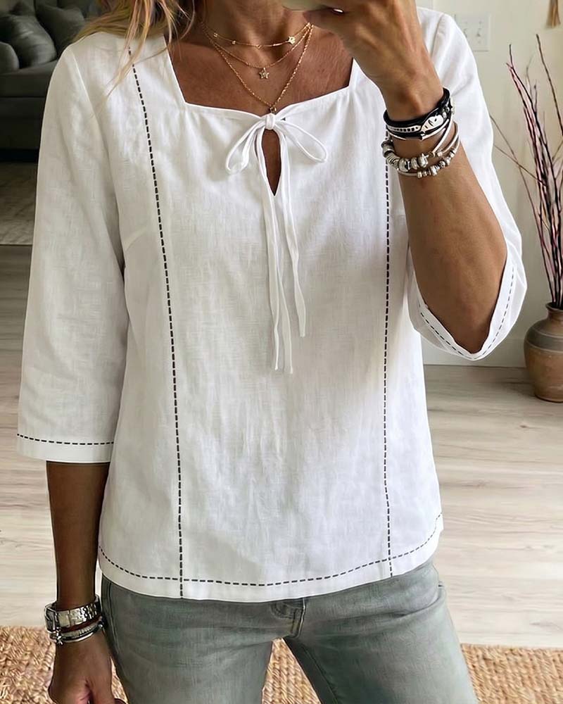 Bluse Quadratischer Ausschnitt Bindung Hollow Out