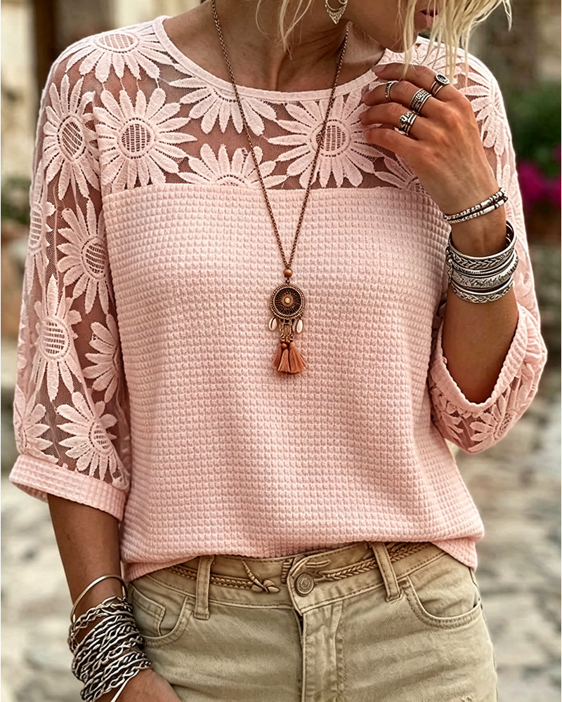 T-Shirt Runder Hals Spitze Waffel Patchwork