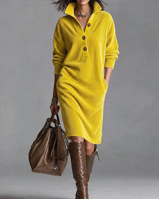 Kleid Kragen Knopf Tasche Gestreift