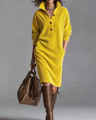Kleid Kragen Knopf Tasche Gestreift