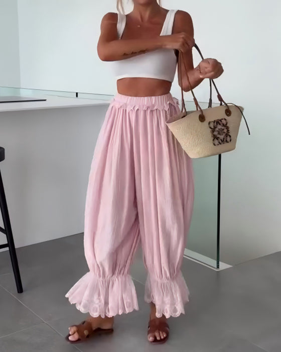 Hose Einfarbig Weit Bein Spitzenbesatz Aufgeschlagener Saum