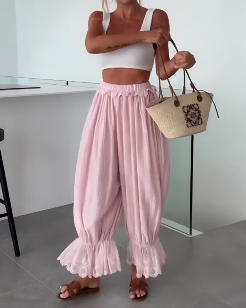 Hose Einfarbig Weit Bein Spitzenbesatz Aufgeschlagener Saum