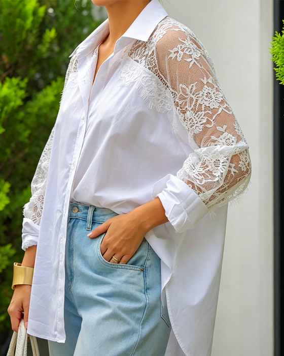 Bluse Spitze Patchwork Revers Langarm