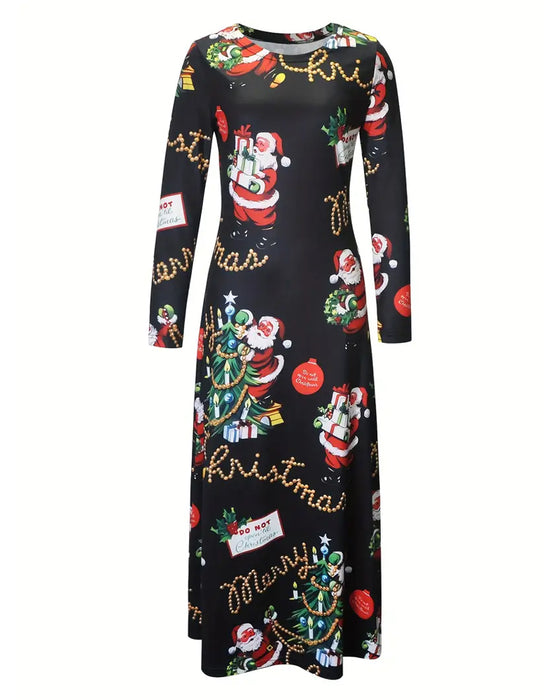 Kleid Schlank Weihnachten Gedruckt Langarm