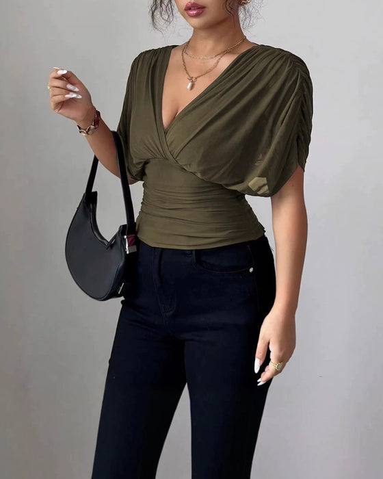 Bluse Uni Farbe Tiefer V-Ausschnitt Taille Kurzarm