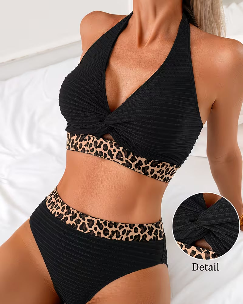 Bikini Gerippt Leopard Farbblock