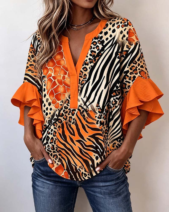 Bluse Zebra Leopard Druck Rüsche Ärmel