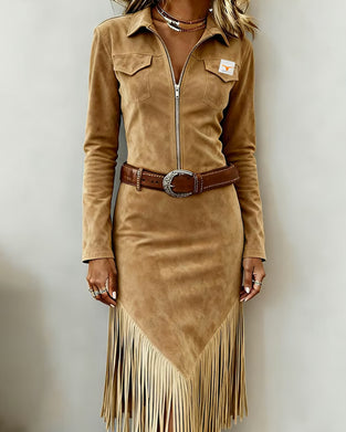 Unifarbenes Kleid mit Halbreißverschluss und Quasten