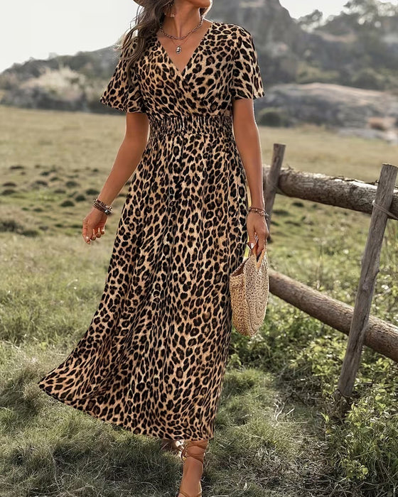 Kleid Leopard V-Ausschnitt Elastische Taille A-Linie
