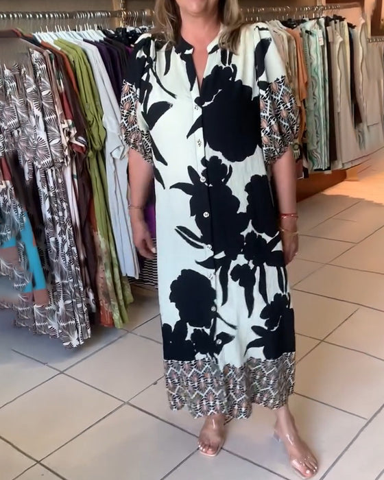 Kleid V-Ausschnitt Farbblock Lässig