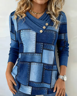 Langärmliges Top mit V-Ausschnitt und Kontrast in Uni