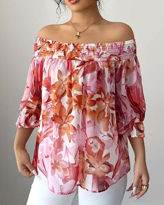 Bluse Off-Shoulder Print Puffärmel