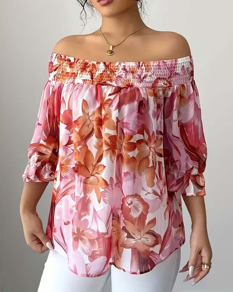 Bluse Off-Shoulder Print Puffärmel