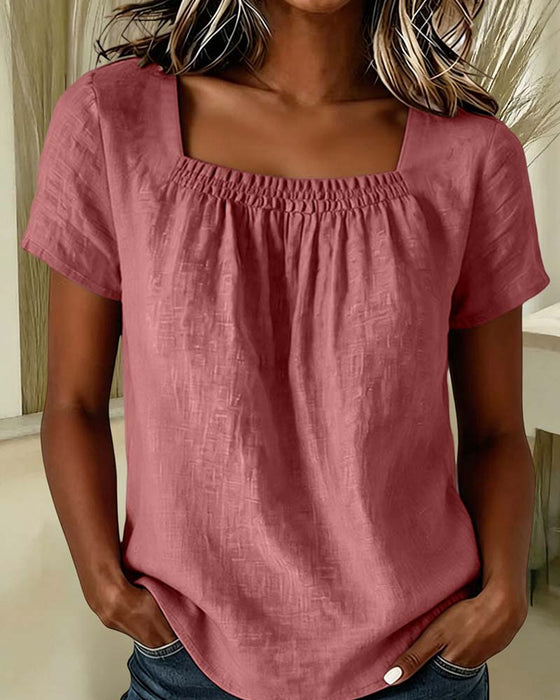 Bluse Quadratischer Ausschnitt Gerafft Kurzarm