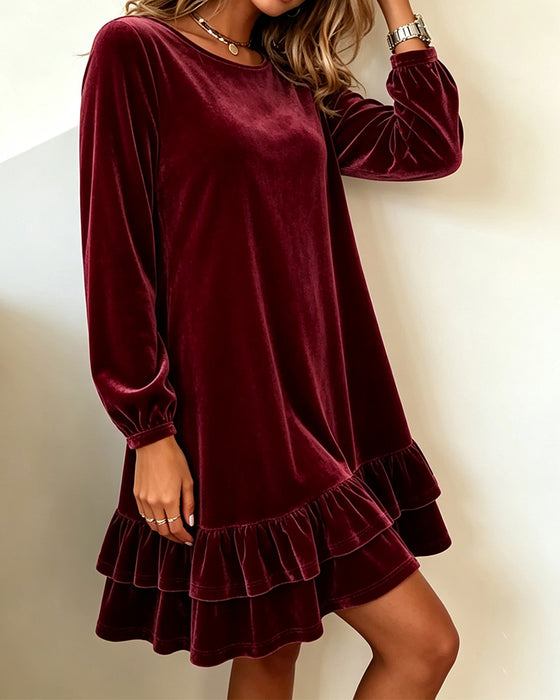 Kleid Rundhals Langarm Rüsche