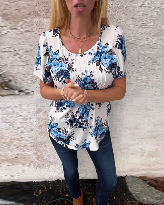 T-Shirt mit Rundhalsausschnitt Blumenmuster plissiert