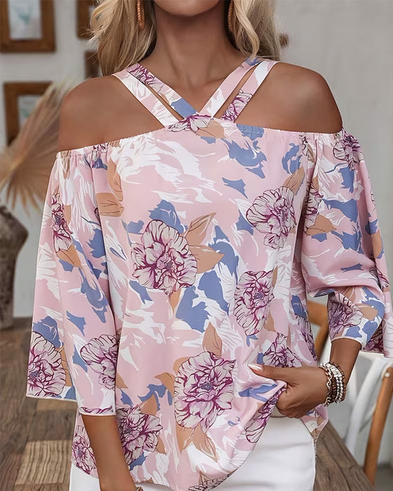 Bluse Blumen Kreuz Off-Shoulder