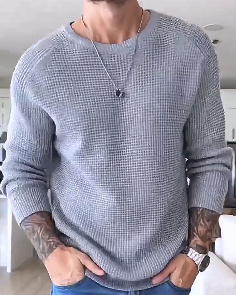 Pullover Herren Rundhalsausschnitt Waffel Langarm