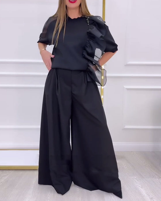 Bluse Rundhals Puffärmel Rüschen Layer-Look