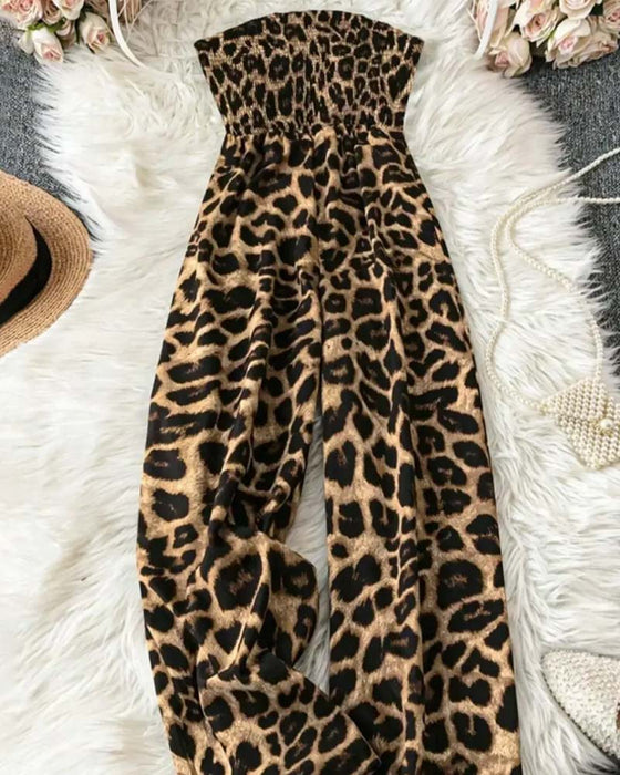 Jumpsuit Trägerlos Leopard Druck Breites Bein Tailliert