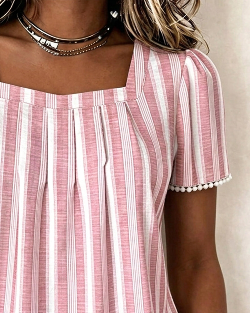 Bluse Gestreift Eckiger Ausschnitt Kurzarm