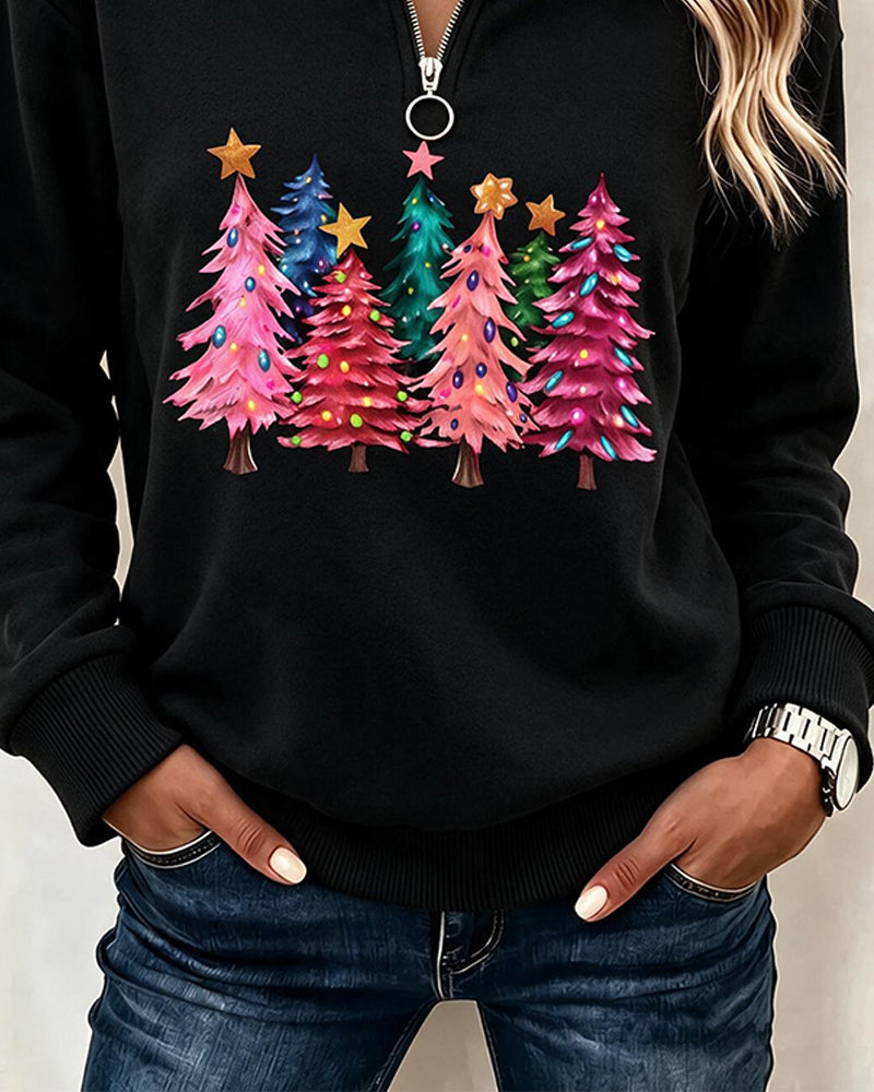 Sweatshirt Halb-Zip Weihnachtsbaum Druck