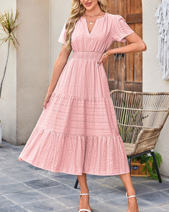 Kleid V-Ausschnitt Gerafft Puffärmel Kurzarm