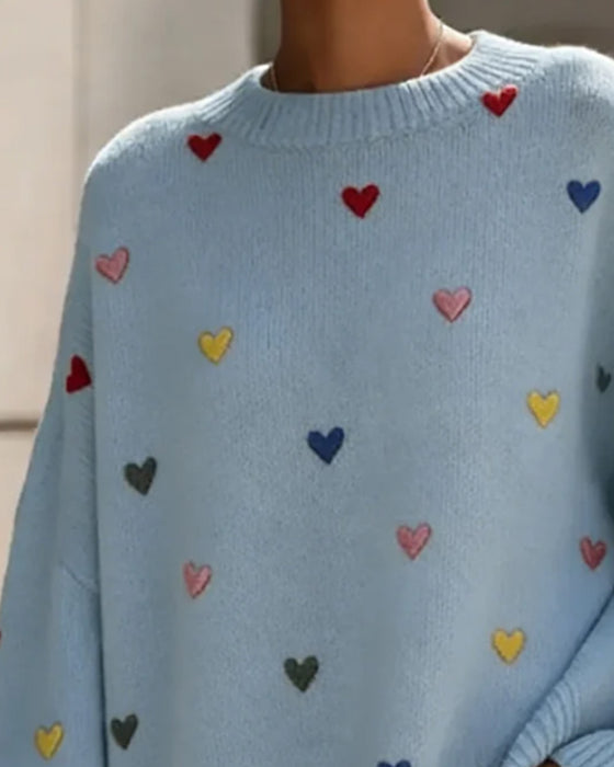 Pullover Buntes Herz Runder Hals Fledermausärmel