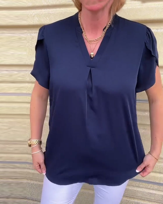 Bluse einfarbig v-ausschnitt plissiert vielseitig