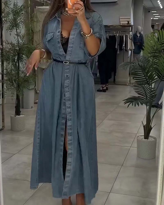 Kleid Hemd Kragen Tasche Knopf Denim