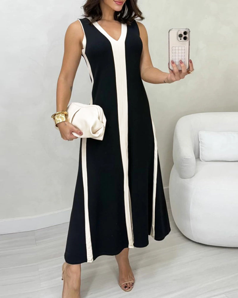 Kleid Colorblock ärmellos Schlitz Maxi