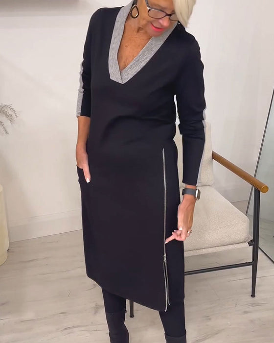 Kleid Farbblock V-Ausschnitt Gestrickt Midi