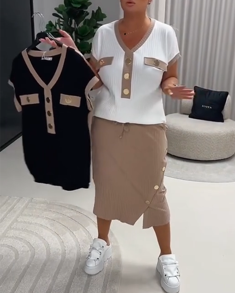 T-Shirt V-Ausschnitt Modisch Rippig Knopf