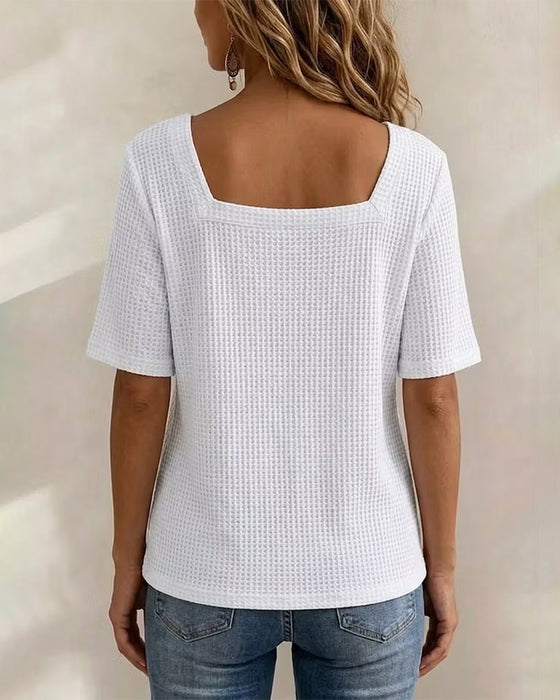 T-Shirt Quadratischer Ausschnitt Knopf Waffel