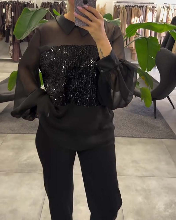 Bluse Uni-Farbe Puffärmel Kragen