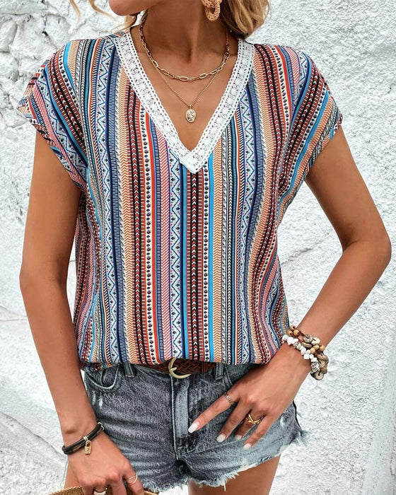 T-Shirt bunte gedruckte Spitze V-Ausschnitt