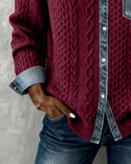 Langärmeliges Hemd mit Denim-Patchwork