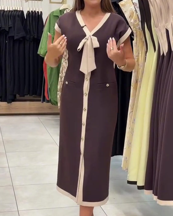 Kleid V-Ausschnitt Schleife Knopf