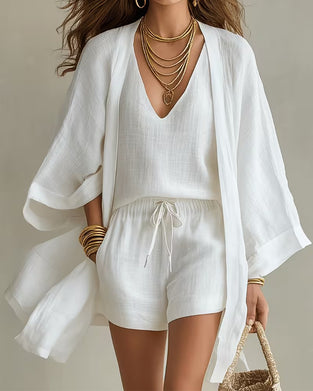 Dreiteiliges Set V-Ausschnitt Tanktop Cardigan Shorts
