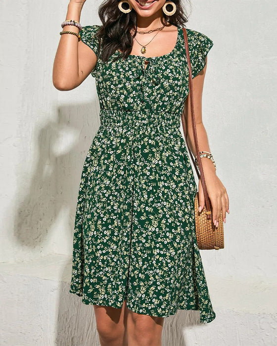 Kleid Rundhals Elastische Kräuselung Blumig