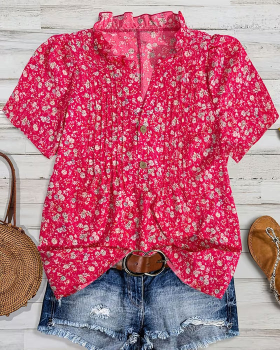 Bluse V-Ausschnitt Knopf Blumenprint