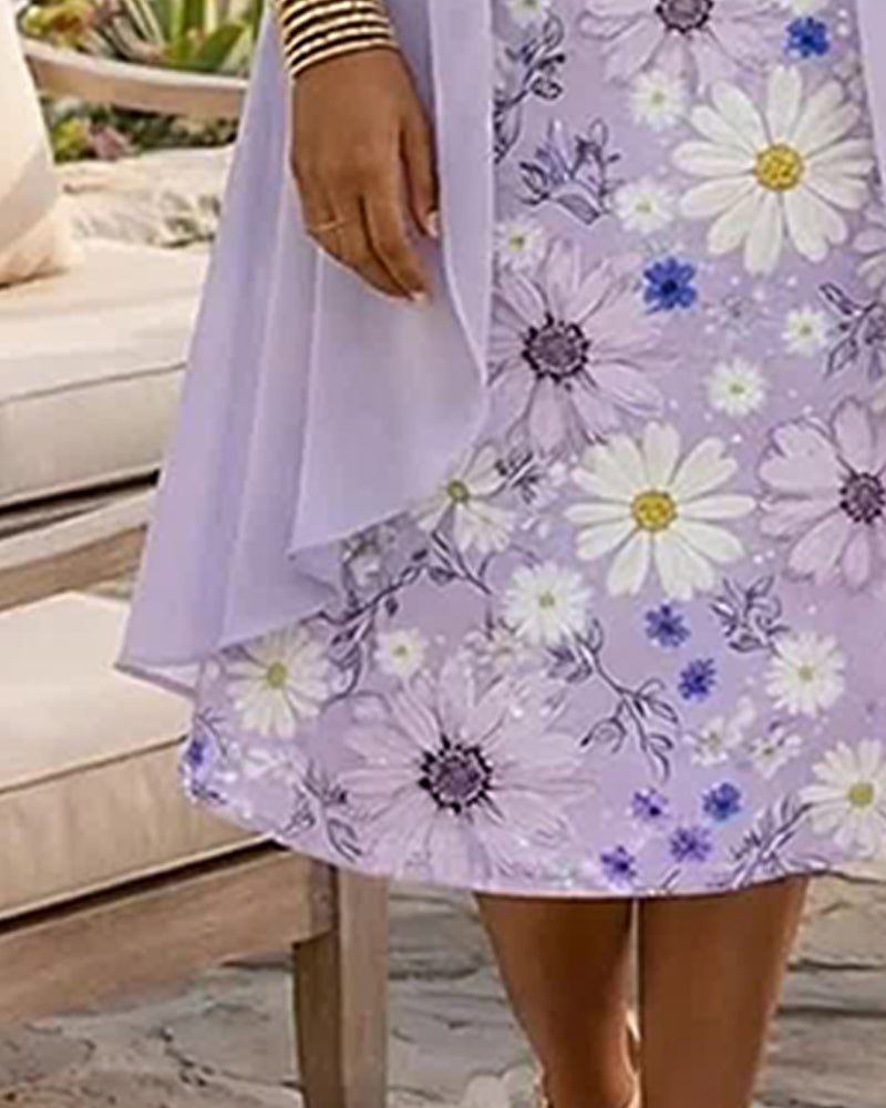 Set Blumiges Ärmelloses Kleid Überwurf