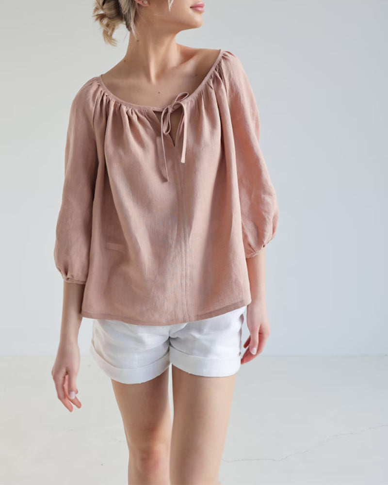 Einfarbiges Oberteil mit Rundhalsausschnitt und Bindeband