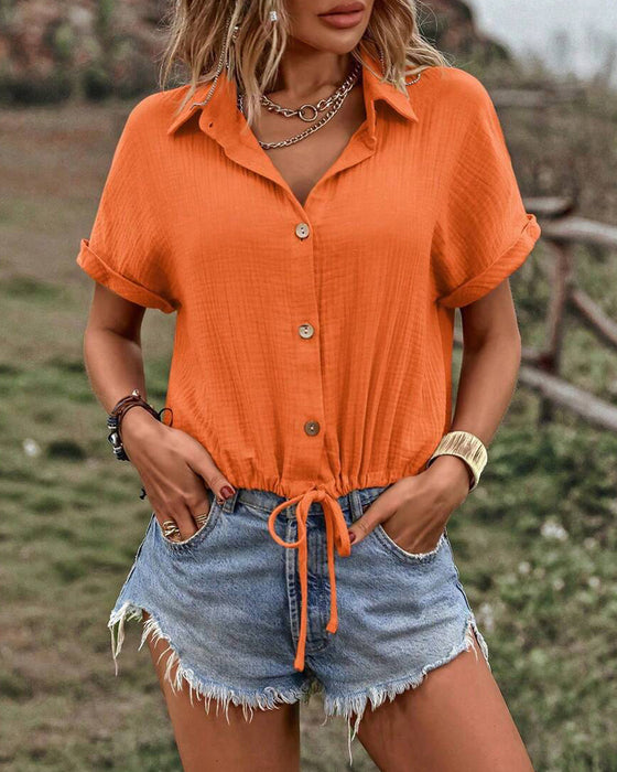 Bluse V-Ausschnitt Uni Kordelzug Revers
