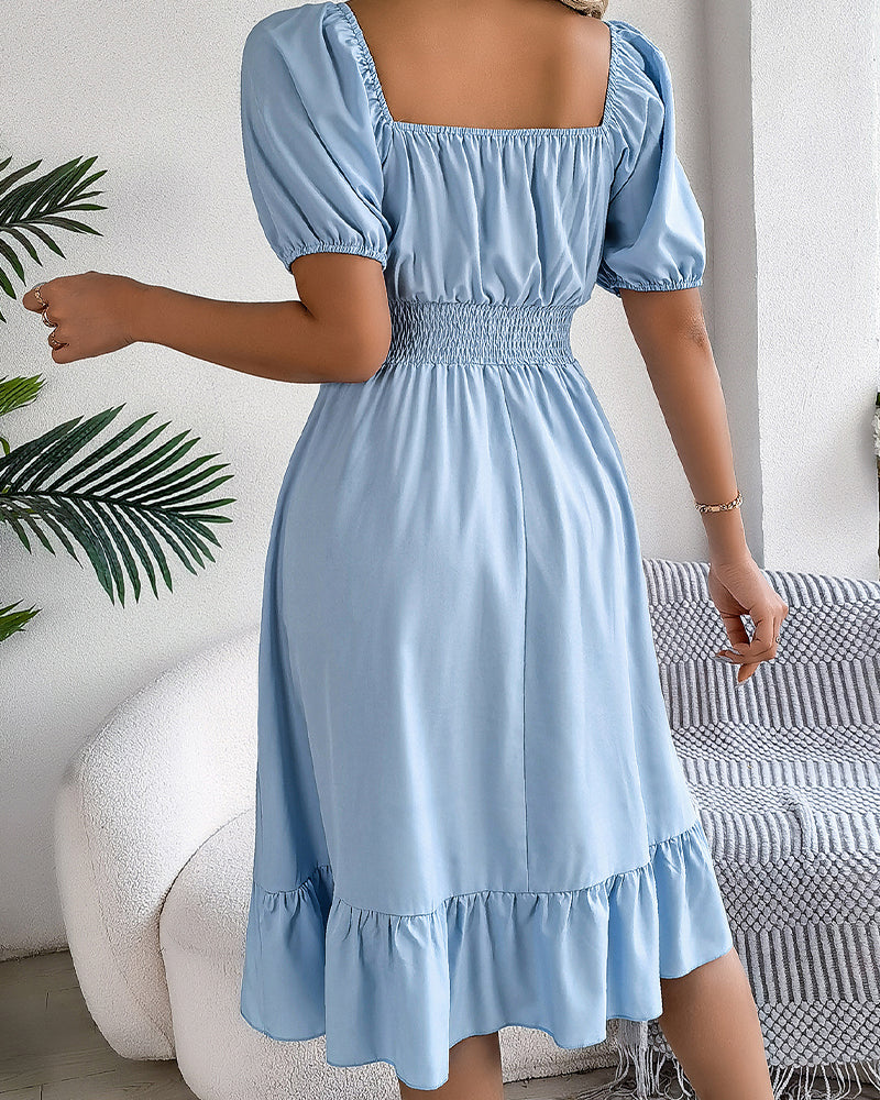 Kleid Quadratischer Ausschnitt Tailliert Rüsche A-Linie