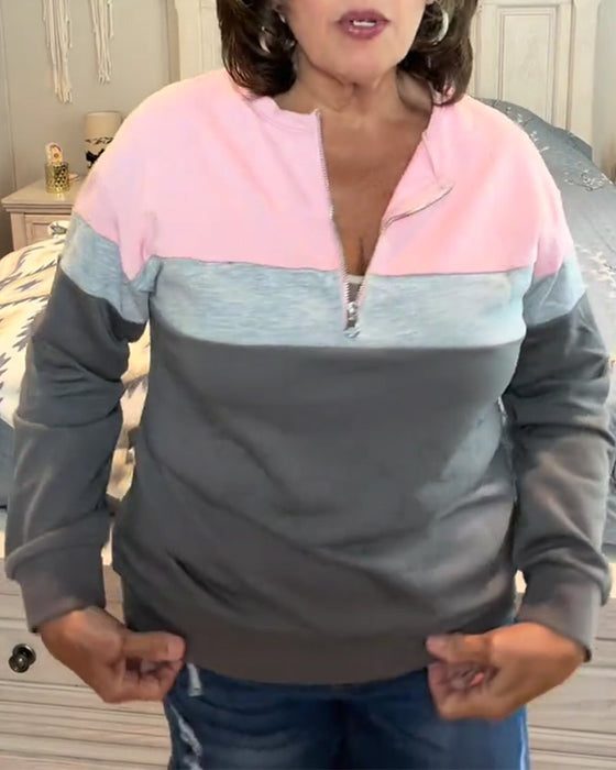 Sweatshirt Mit Reißverschluss, Stehkragen Und Farbblockierung Langarm
