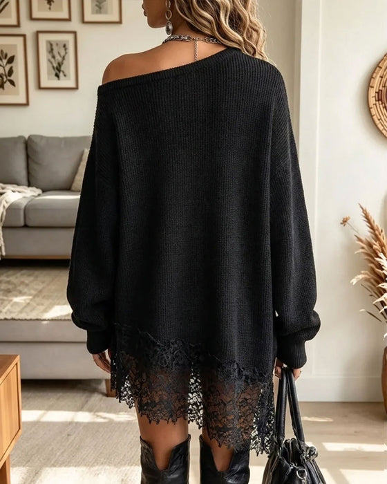 Kleid Off-Shoulder Spitze Patchwork Pullover