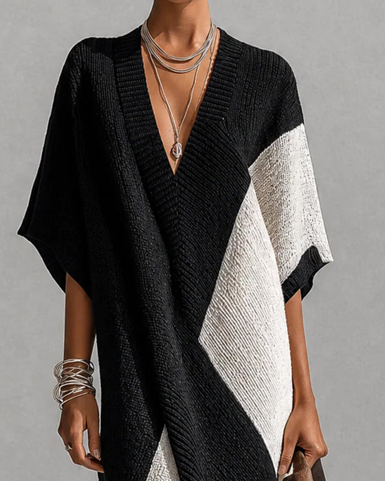 Sweater Kleid Farbblock V-Ausschnitt